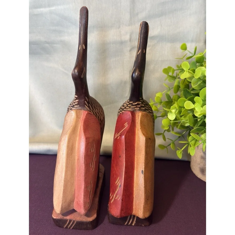Wood Carved Hand Painted Bird on Stand Set of 2 Crane/Heron/Stork Figurine